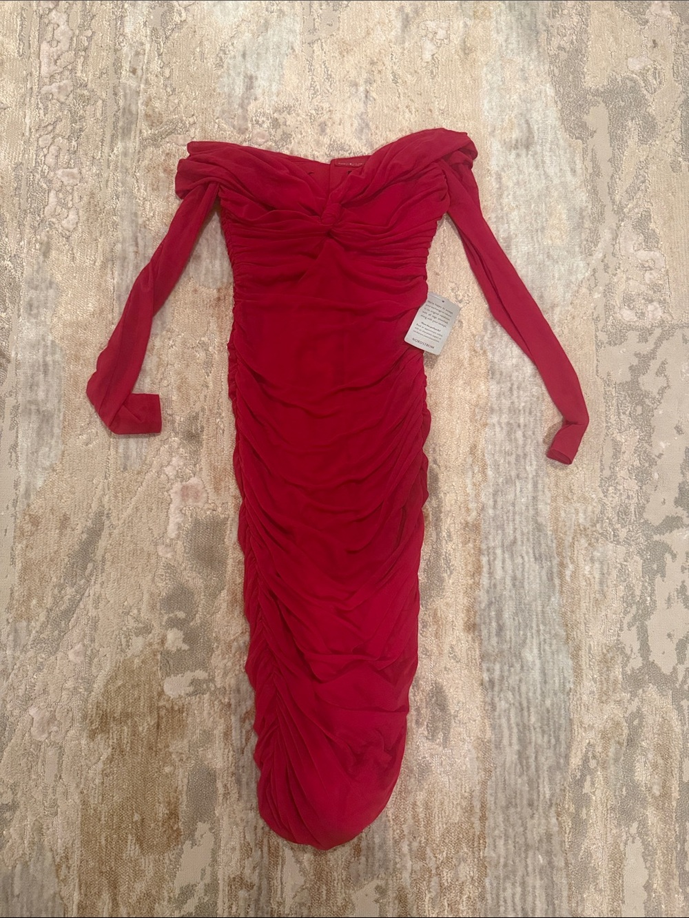 Bardot Scarlet Ruched Off-Shoulder Long Sleeve Dress